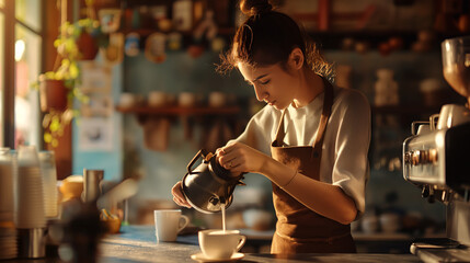 A skilled barista in an apron is meticulously pouring coffee into a cup, enhancing the atmospheric vibe of the cozy, sunlit cafe - obrazy, fototapety, plakaty