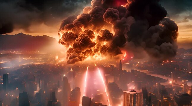 A captivating photograph capturing the horror and intensity of a city ablaze under the night sky video