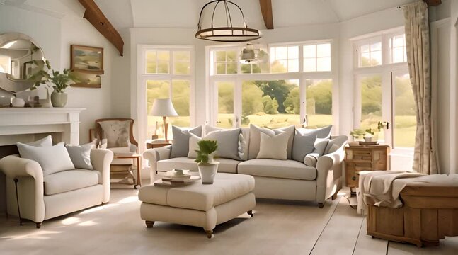 Coastal cottage sitting room white living room interior design and country house home decor sofa and lounge furniture English countryside style