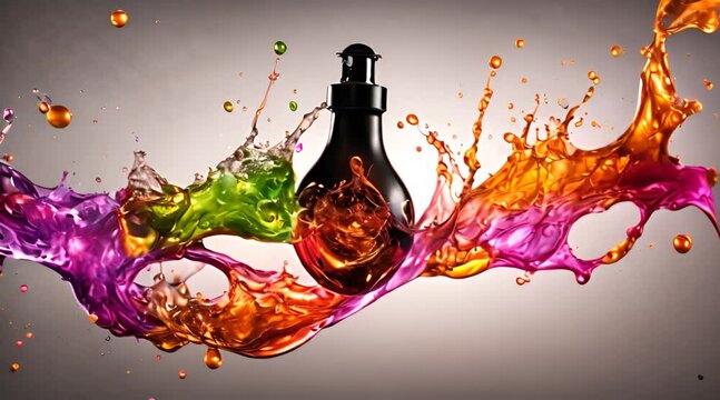 Lightbulb Idea concept with colorful liquid of splashing Unique Creative idea on black background