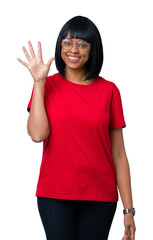 Beautiful young african american woman wearing glasses over isolated background showing and pointing up with fingers number five while smiling confident and happy.