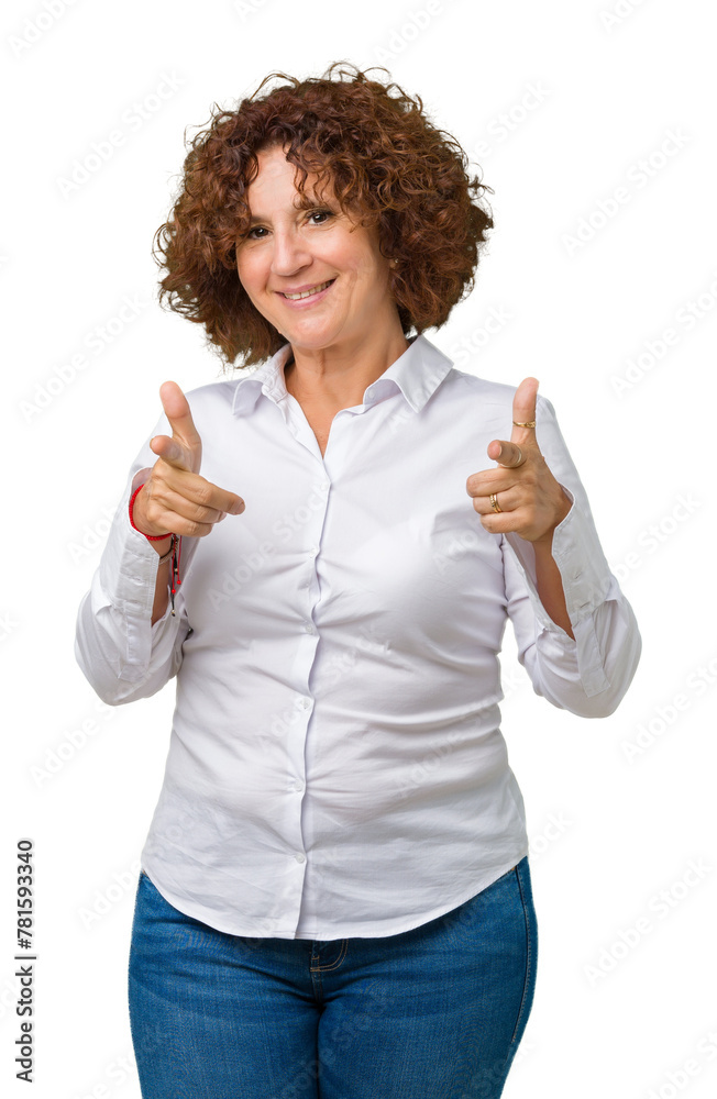 Canvas Prints Beautiful middle ager senior businees woman over isolated background pointing fingers to camera with happy and funny face. Good energy and vibes.