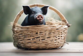A cute little black pig sitting in a basket white background