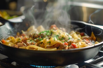 A cast iron skillet filled with pasta and meat cooking on a stove