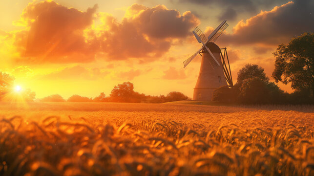 A serene golden hour landscape depicting a rustic windmill amidst a waving wheat field bathed in warm sunlight