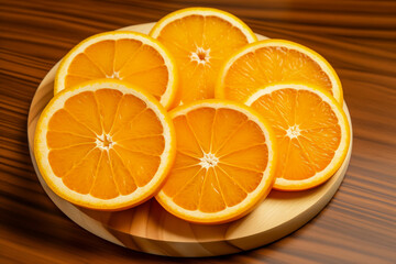 Fototapeta premium Fresh orange slices on wooden table, closeup. Citrus fruit.