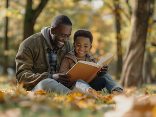 Son and dad in the garden with book . Happy black family