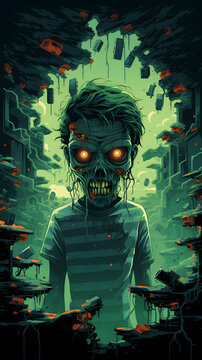 Illustrated zombe, cool zombie illustration, 8 bit zombie, cartoon zombie