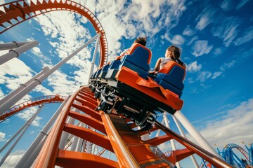 Two individuals enjoy a thrilling ride on a roller coaster at a theme park