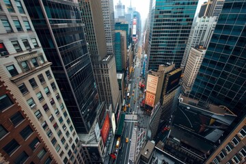 A high angle perspective of a bustling city street in New York City, showcasing the urban landscape, traffic, and pedestrians below