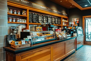 A high angle shot of a bustling coffee shop counter filled with an array of coffee options - obrazy, fototapety, plakaty