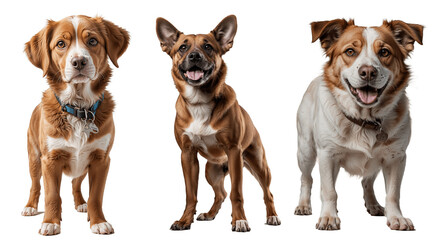 Three mixed-breed dogs standing against a transparent background