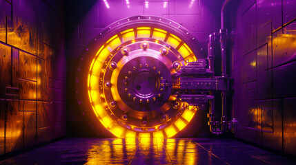 Bank vault door, front view, yellow lights, purple background, a yellow and black color scheme, an epic scene