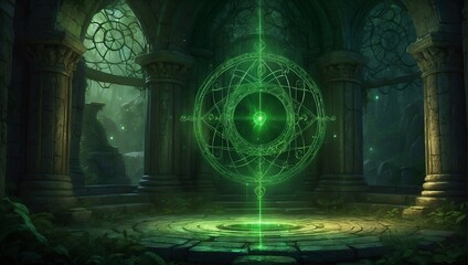 "Step into a realm of wonder and enchantment, where a magnificent green magic circle stands as a symbol of ancient magic. Will you harness its power or succumb to its mysterious allure?"