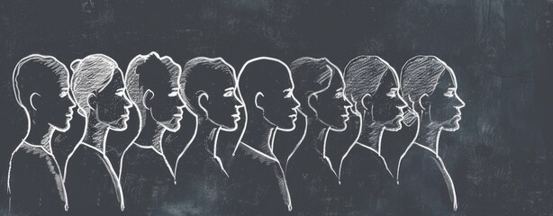 A simple line drawing of several people in profile, each one outlined with white chalk on black paper There's an empty space at top and bottom for text or other elements Generative AI - obrazy, fototapety, plakaty
