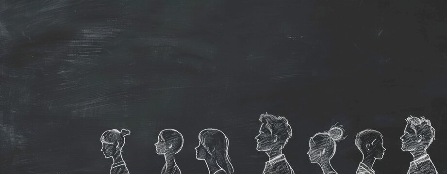 A simple line drawing of several people in profile, each one outlined with white chalk on black paper There's an empty space at top and bottom for text or other elements Generative AI
