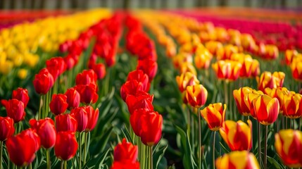 Picturesque expanse adorned with a variety of vibrant tulips, each bloom contributing to a stunning display of colors and natural beauty.