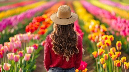 Woman stands amidst vast fields of tulips, each blossom a different color, a picturesque scene reflecting the beauty of nature.