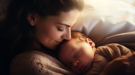 Mother's gentle embrace, a haven of warmth and love cradles her newborn, a precious gift entrusted to her care. - obrazy, fototapety, plakaty