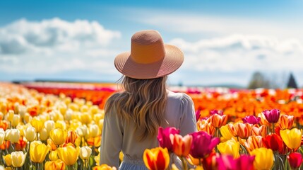 Woman stands amid a field of diverse tulips, blooming in myriad hues, embodying harmony with nature's rich tapestry of colors.