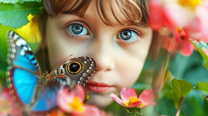 Charming scene featuring delightful little girl surrounded by vibrant butterflies and blooming flowers, evoking innocence, joy, and the beauty of nature.