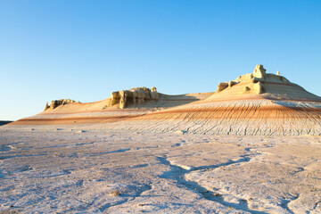 Kyzylkup area landscape, Mangystau desert. Rock strata formations