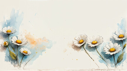 Watercolor like sketch illustration of delicate white daisy flowers in bloom on a minimal background - delightful spring environment and nature art. - obrazy, fototapety, plakaty