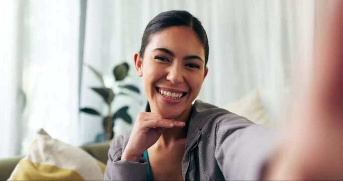 Face, smile and selfie of woman with peace sign in home living room for social media. Portrait, v hand and happy person in profile picture for photography, memory or live streaming vlog with emoji