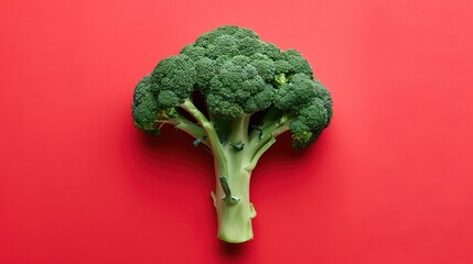 Broccoli cabbage on a red background. A perfect sprig of fresh broccoli. Fresh harvest, the concept of healthy eating and vegetarianism.