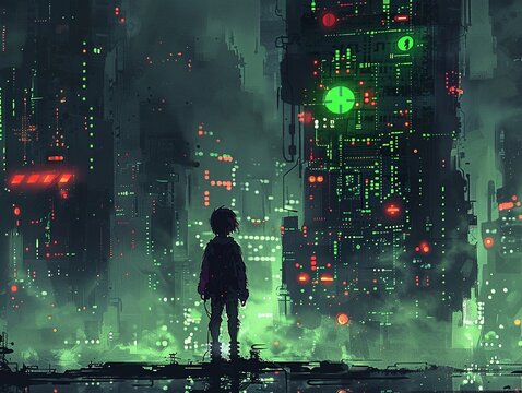 Cyberpunk Elegy  A haunting and dystopian elegy that mourns the loss of humanity in a cyberpunk world, with melodies that echo the anguish of a society consumed by technology