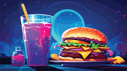 Neon hamburger and beverage in the cup fast food 2d - obrazy, fototapety, plakaty