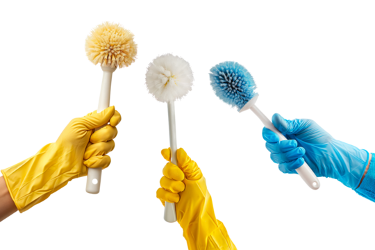 Toilet brush in hand isolated on white or transparent background. Close-up of a blue brush in a hand. Cleaning day concept. Graphic design element.