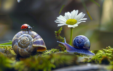 Snail and ladybug on camomile flower
