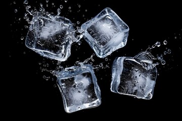 Ice cubes falling with water splashes on a black background.