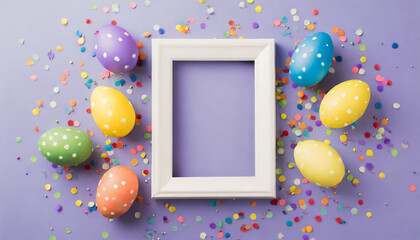 Top view of empty photo frame colorful pink blue white easter eggs and confetti on isolated pastel...