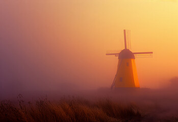 Windmill in the mist. A yellow windmill rises from a misty field