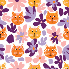 Obraz na płótnie Canvas Funny seamless pattern with red cats and pink lilac flowers.Hand drawn background with stylized animals heads and plants.Cute vector design for printing on fabric and paper.Nursery wall decor,cover.