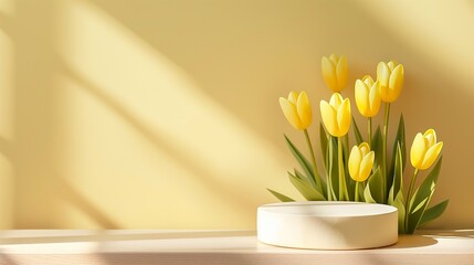 Yellow product display podium on tender fresh yellow backgrounds with spring blossom yellow tulip flowers bouquet, 3D display podium for beauty, cosmetic product presentation. Summer and spring mockup