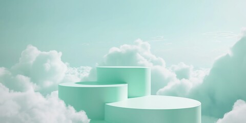 Mint green fresh abstract product podium surrounded by clouds on green fantasy backgrounds, fog, smoke, steam abstract green summer display platform backgrounds.