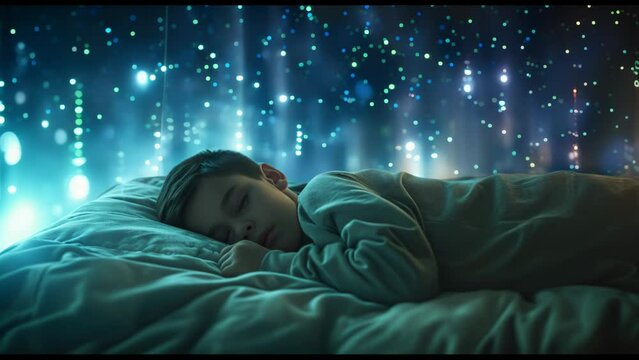 A young boy is sleeping on a bed with a blue blanket. The room is illuminated with a blue light, creating a dreamy atmosphere