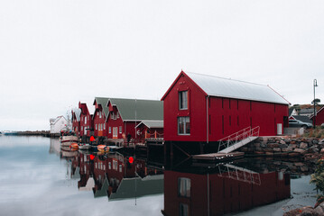 The red fishermen's hut on the Atlantic ocean in the village of Bud, Norway. 