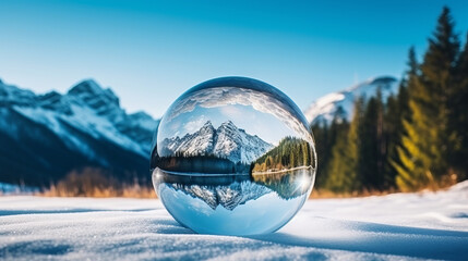 A large glass ball is sitting on a snowy field with mountains in the background. The reflection of the mountains in the ball creates a sense of depth and wonder - Powered by Adobe
