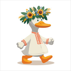 Vector illustration of cute goose in a wreath of flowers, embroidery, shirt, goes, in kawaii style