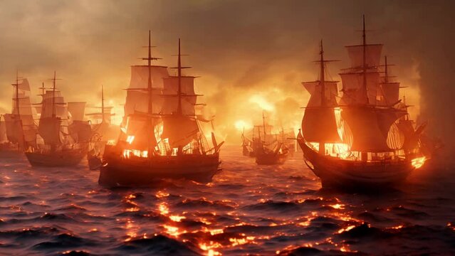 16th-century sea battle with sailing ships and galleons. Pirate boats are on fire in the ocean battle with cannons shooting fire. AI-generated and fantasy digital painting.