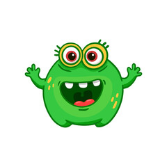 Cute cartoon green monster wiht funny eyes on white background. Green Alien. Colorful. Doodle. Vector
