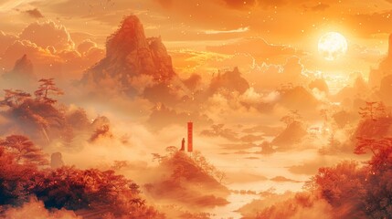 A serene digital artwork of a traditional Chinese landscape, illuminated by a warm golden light with a solitary figure standing on a pathway. - obrazy, fototapety, plakaty