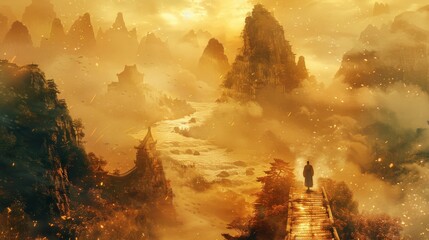 A serene digital artwork of a traditional Chinese landscape, illuminated by a warm golden light with a solitary figure standing on a pathway.