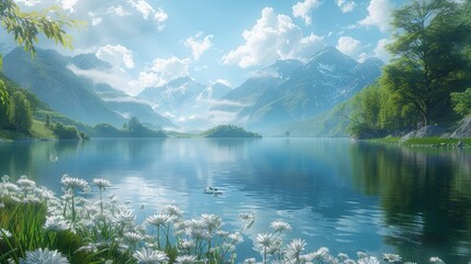 A serene digital depiction of a mountain lake with water lilies, tranquil waters, and a background of majestic mountains