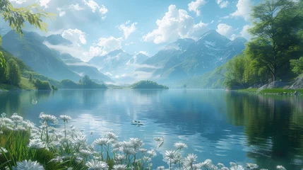Foto op Canvas A serene digital depiction of a mountain lake with water lilies, tranquil waters, and a background of majestic mountains © Yusif