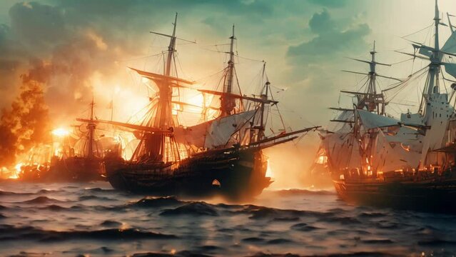 A sea battle involving sailing ships and galleons from the 16th century. Pirate ships are burning in the ocean as cannon fire hits them. AI-generated